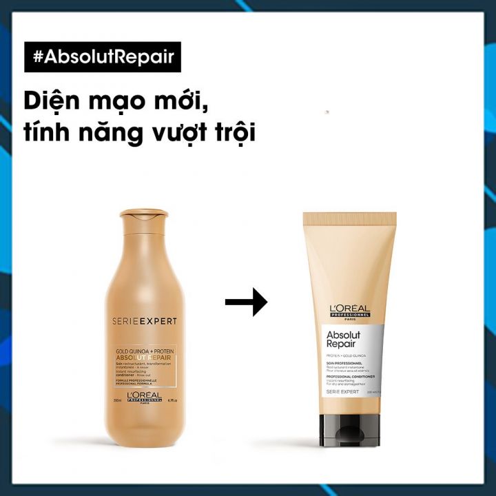 Bộ dầu gội xả phục hồi tóc L'oreal Serie Expert Gold quinoa + Protein Absolut Repair Instant resurfacing 500ml+200 ml (MỚI CHÍNH HÃNG )