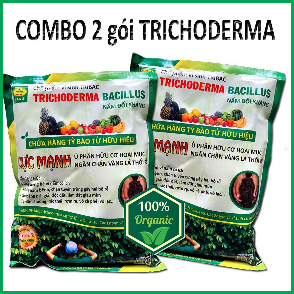 Combo 2 gói Chế phẩm vi sinh Trichoderma TRIBAC 1kg. Ủ phân rác bã hữu cơ hoai mục không mùi hôi. Đối kháng nấm hại, khống chế thối rễ. HSD: 2 năm