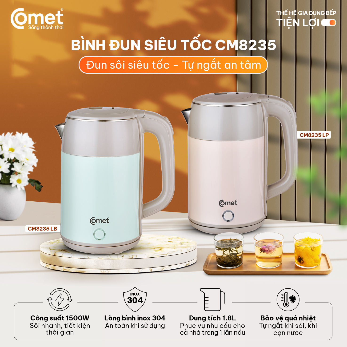 [NEW 2026] Bình đun siêu tốc inox 304 CM8235, dung tích 1.8L, công suất 1500W, chống gỉ, đun sôi nhanh chóng hàng chính hãng