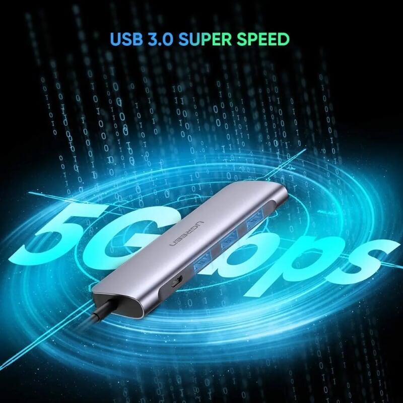 Ugreen UG50850CM195TK 20CM màu xám USB type C HUB 6 trong 1 ra USB 3.0 x 3 + Đọc thẻ TF/SD + nguồn 5V Micro USB - HÀNG CHÍNH HÃNG