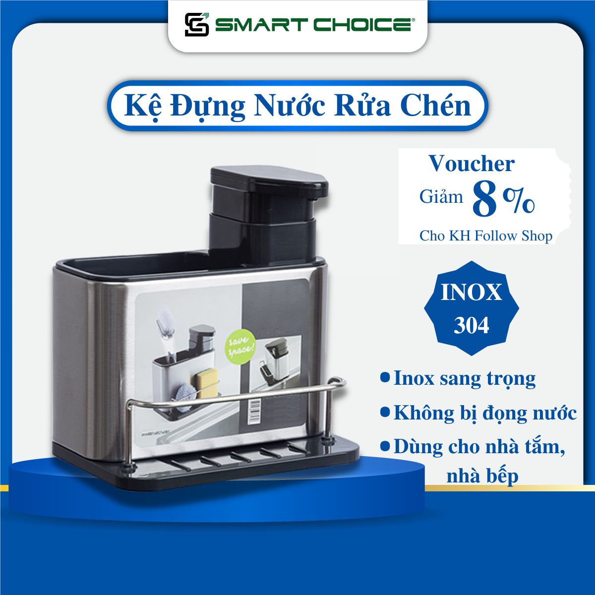 Kệ Để Đồ Rửa Chén SMARTCHOICE, Hộp Đựng Nước Rửa Chén 3 In 1 Kèm Giá Để Đồ Rửa Bát Và Thanh Treo Khăn Lau Cao Cấp - Hàng Chính Hãng