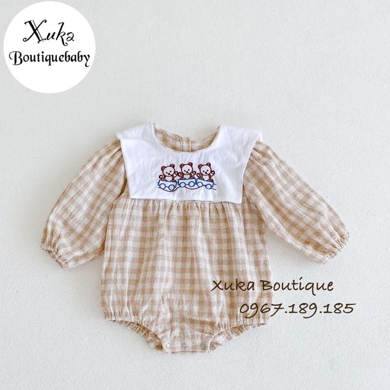 Bodysuit Dài Tay Cổ Yếm Thêu Gấu Bé Gái Cao Cấp - Body Chip Thêu Gấu Hàn Quốc Bé Gái