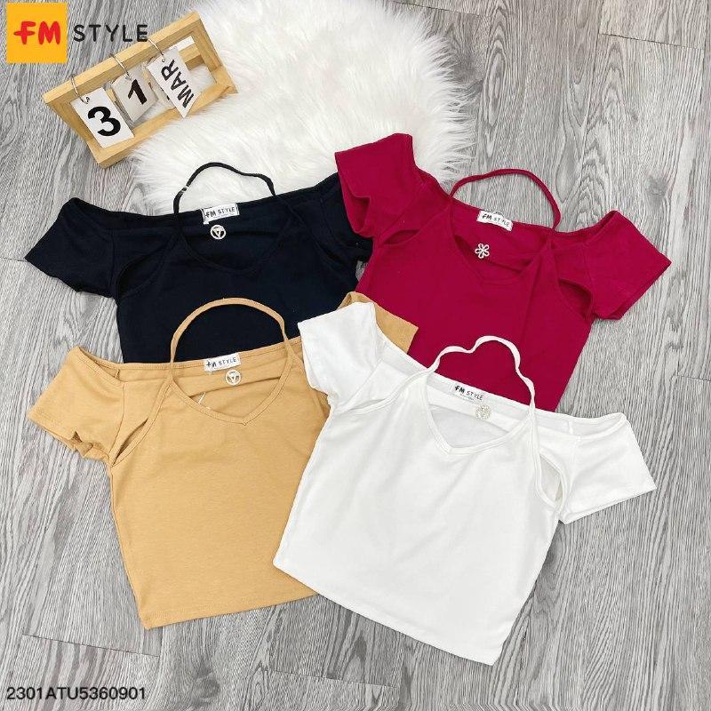 Áo kiểu nữ FM style dáng croptop tay ngắn trễ vai phối yếm cổ khoen thời trang tiểu thư phong cách Hàn Quốc 23010589