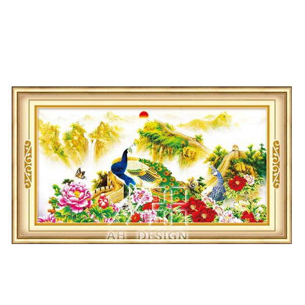 Tranh thêu chữ thập 3d Vạn lý trường thành -đôi khổng tước chưa thêu