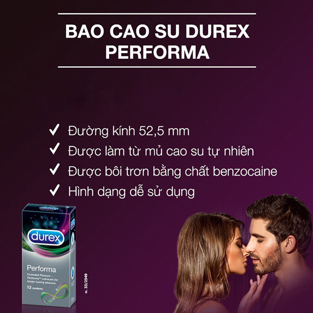 Bao Cao Su Durex Performa 12S - Combo 2 Hộp 12 Gói - Kich thước 52mm - Siêu mỏng - Kéo dài thời gian cho chàng - Không mùi - Có dầu bôi trơn - Hàng chính hãng 100%