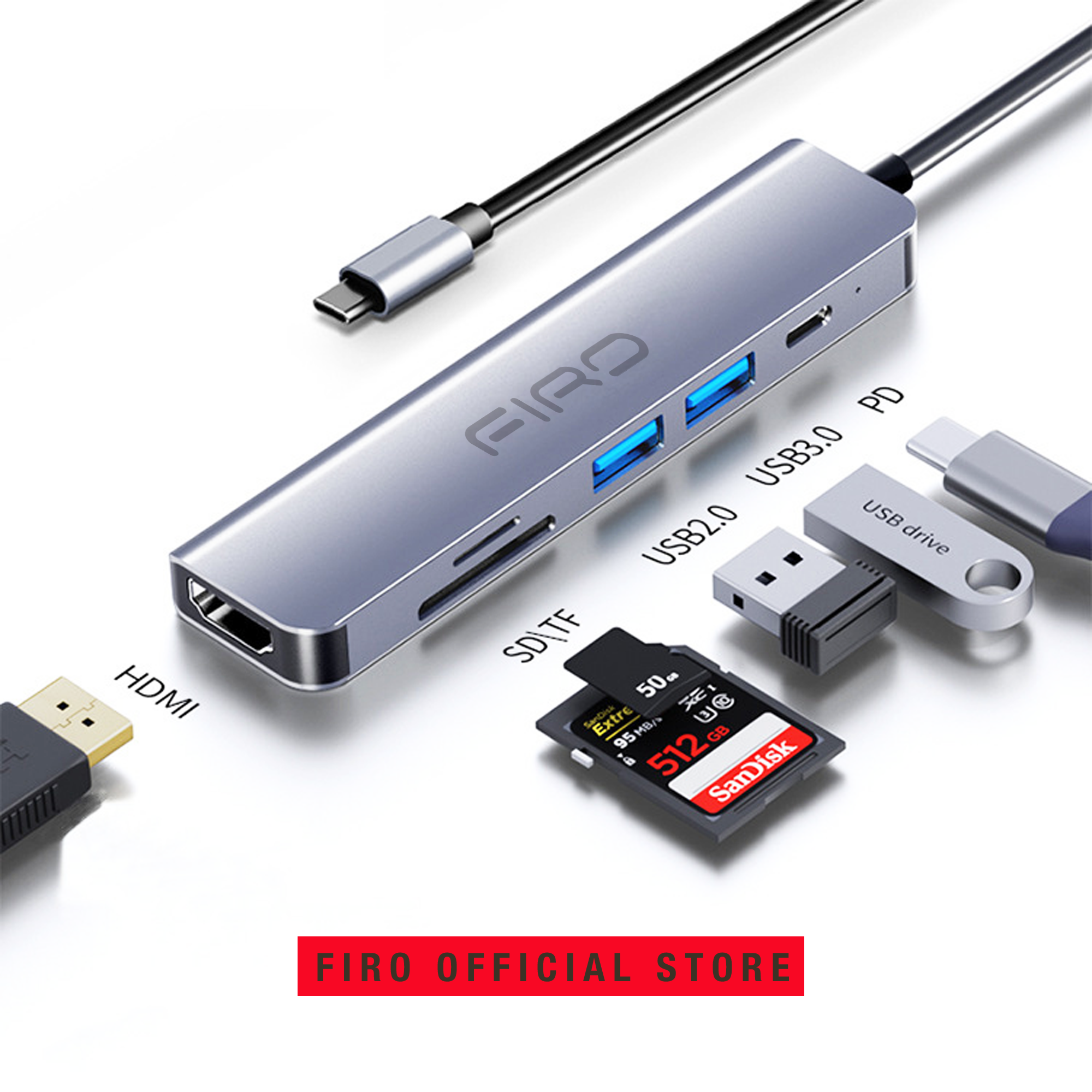 Hub Type-C To HDMI FIRO 6in1 - Hub Chuyển Đổi Type-C Chia 6 Cổng - 1 Cổng HDMI 4K, 2 Cổng USB 3.0, 2 Khe Đọc Thẻ TF Và SD, 1 Cổng Sạc Nhanh Type C PD - Kết Nối Tốc Độ Cao - Dùng Cho Smartphone/Laptop/PC/Tivi/Playstation – Hàng chính hãng