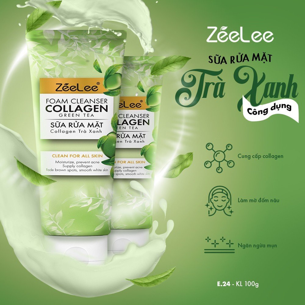 Sữa Rửa Mặt Collagen Trà Xanh Zeelee Làm Sạch Da Chết Trắng Sáng Mịn Màng 100ml E24