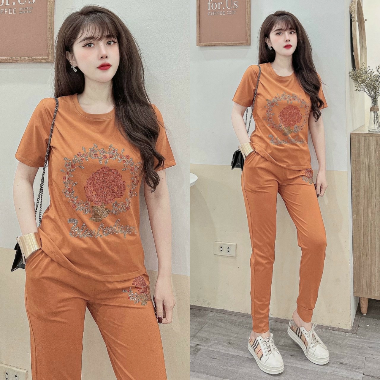 Đồ bộ thun cotton đính đá cườm hoa hồng sang trọng