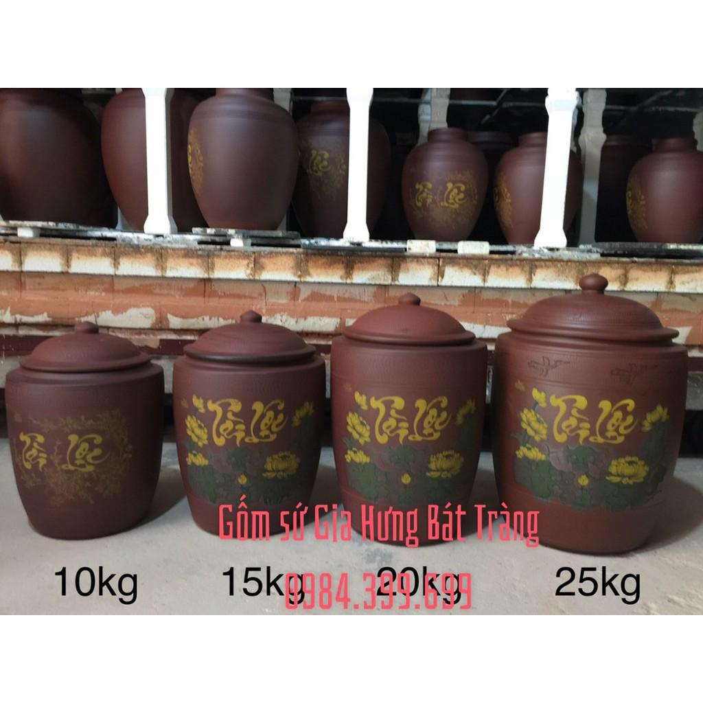 Hũ sành đựng gạo vẽ sen 25kg gốm Gia Hưng Bát Tràng