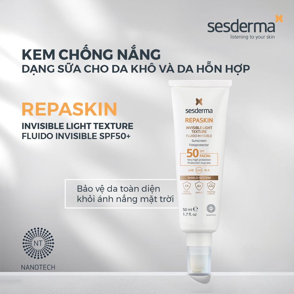 Sữa chống nắng cho da khô và da hỗn hợp Sesderma Repaskin Invisible Light SPF50 50ml