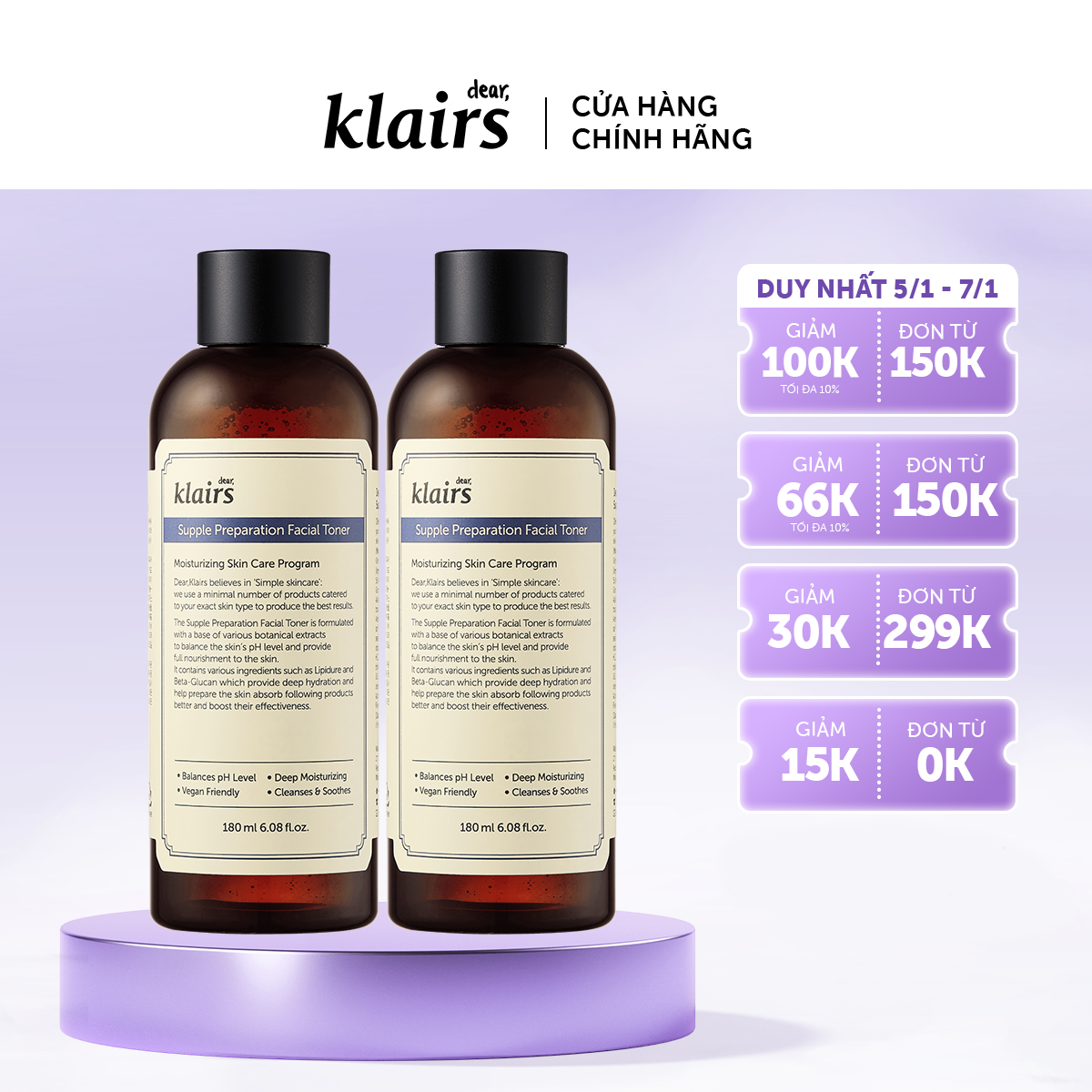 Combo 2 Nước hoa hồng Dear Klairs Supple Preparation Facial Toner 180ml/chai