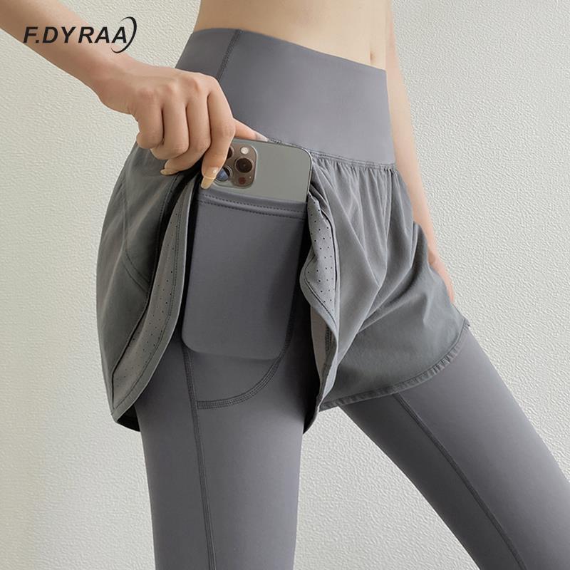 F.Dyraa Gym Yoga Leggings với Pocket Fitness Fake Hai mảnh Đồ đào tạo đồ thể thao Chạy bộ quần áo nữ cao Color: black Size: XXL