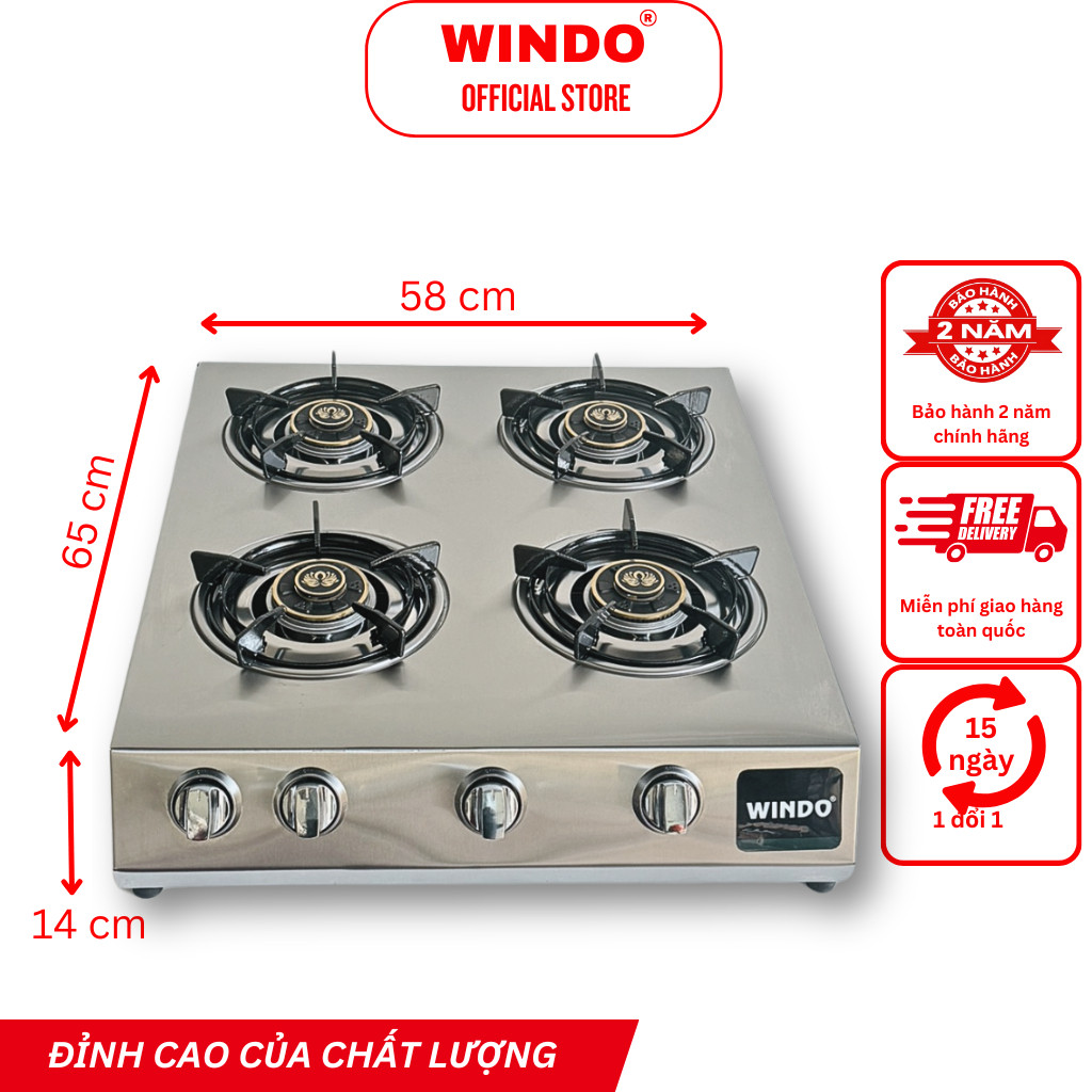 Bếp Gas Công Nghiệp Thấp Áp 4 Lò WINDO - 4 lò phi 80 - Hàng Chính Hãng