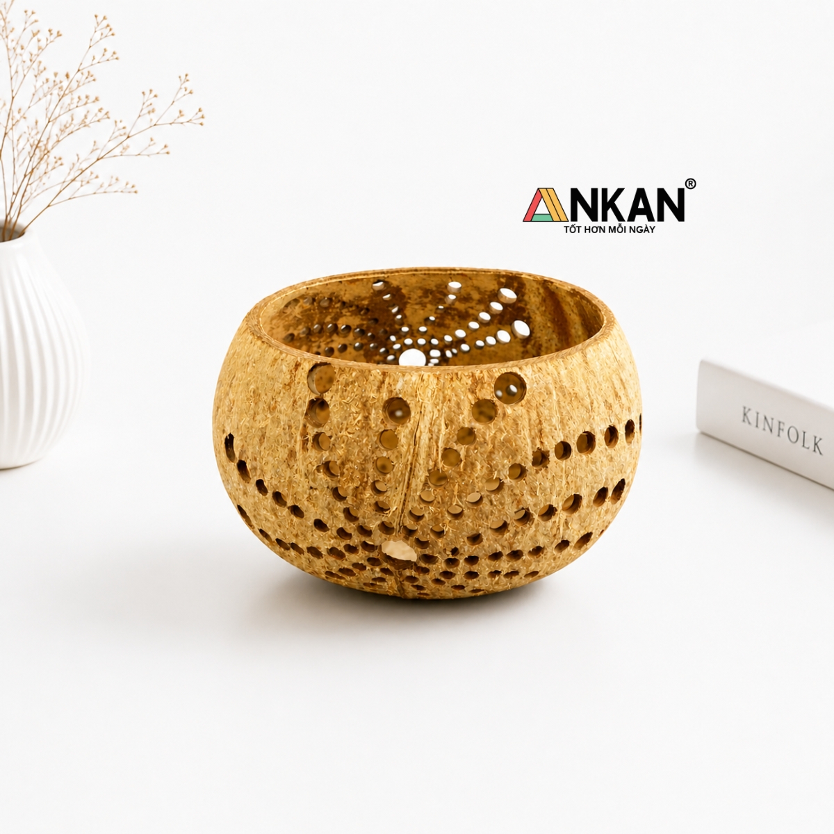 Đèn Tealight Gáo Dừa ANKAN Họa Tiết Mặt Trời Handmade – Decor Trang Trí Không Gian Chill