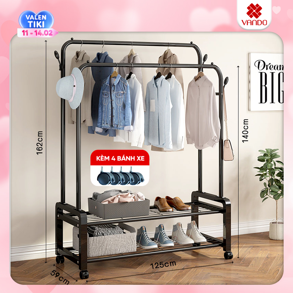 Giá Treo Quần Áo Đôi 2 Thanh Giá Phơi Đồ Để Đồ Tiện Lợi Bằng Thép Carbon Sơn Tĩnh Điện VANDO - Dài 1,2m - 2 thanh 2 tầng
