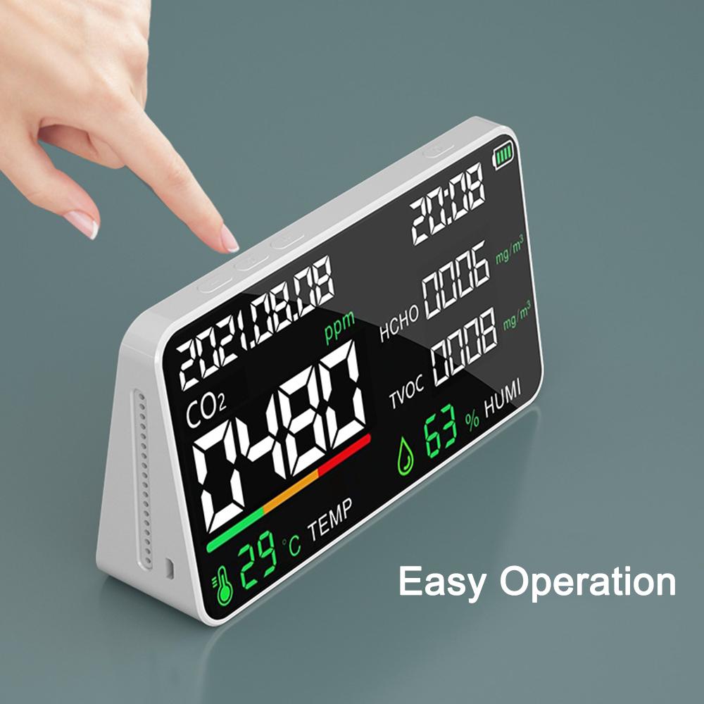 5 in 1 Air Quality Monitor LED Digital CO2 HCHO TVOC Temperature Humidity Tester USB Rechargeable Indoor Carbon Dioxide Meter for Room Office Greenhouse Warehouse