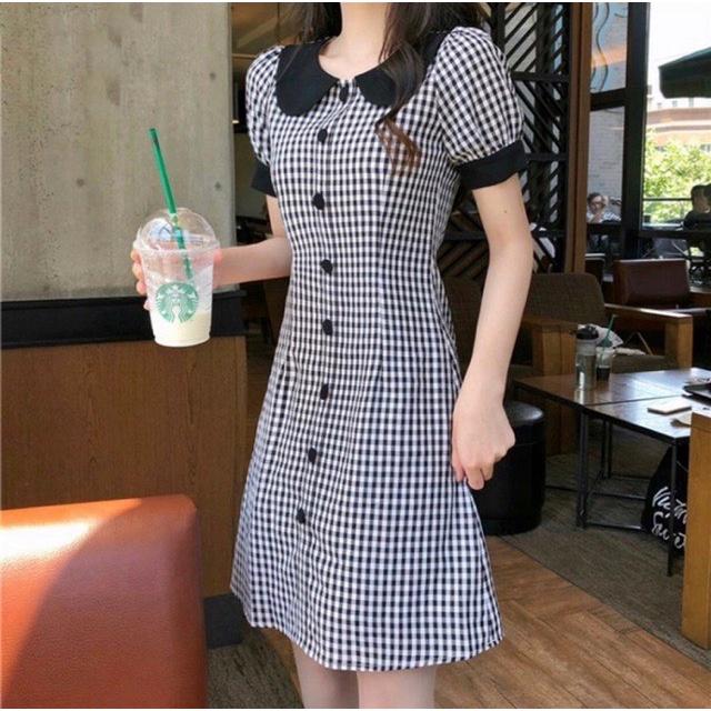 ĐẦM SUÔNG NỮ CARO PHỐI NÚT DỌC