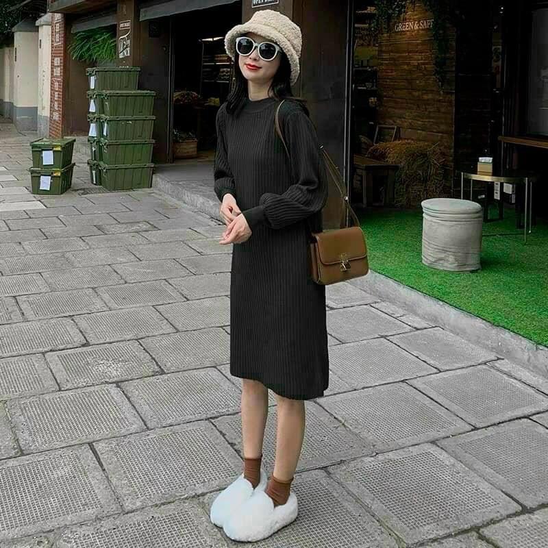 Váy dáng xuông tay bo chụ chất len tăm cổ cao đầm dài cổ tròn