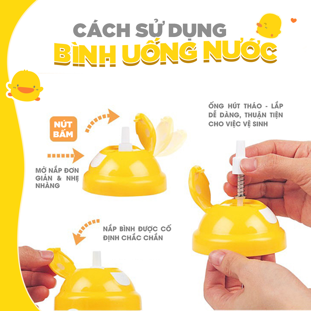 Bình nước cho bé đi học có dây đeo Piyo Piyo 600ml, bấm nút để mở, ống hút chống tràn