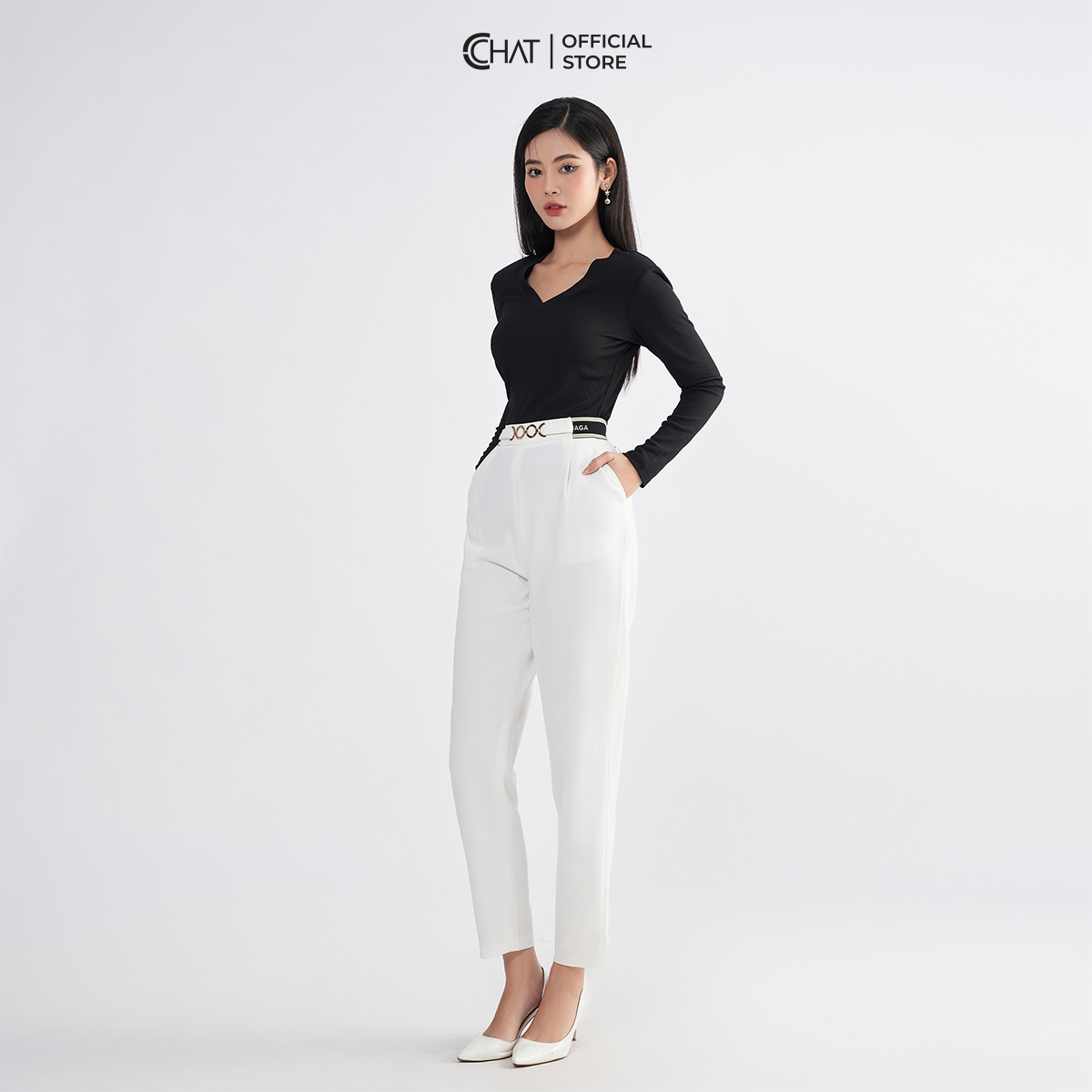 Quần Baggy Nữ  Kiểu Cạp Chun Phối Đai Xích Chất Tuytsi Mềm Mịn 22QDS2008BT
