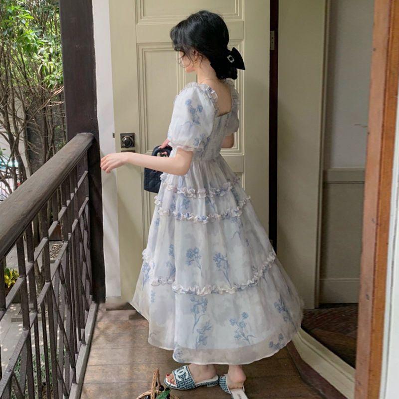 TOBE1SHOP Váy màu hồng nàng tiên Pháp ren Bouffant váy công chúa váy bánh váy lưới nàng tiên thắt lưng đầm