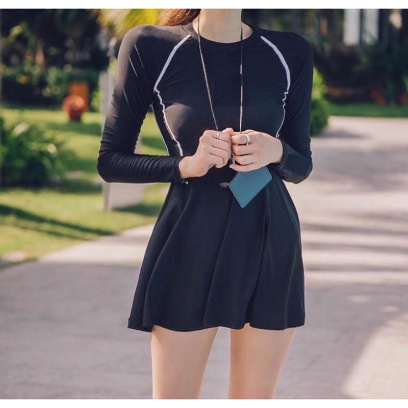 Bikini đi biển kín đáo 1 mảnh liền váy - Đồ bơi nữ tay dài liền thân có quần bên trong - shopnabi TD1MLV_DKTS