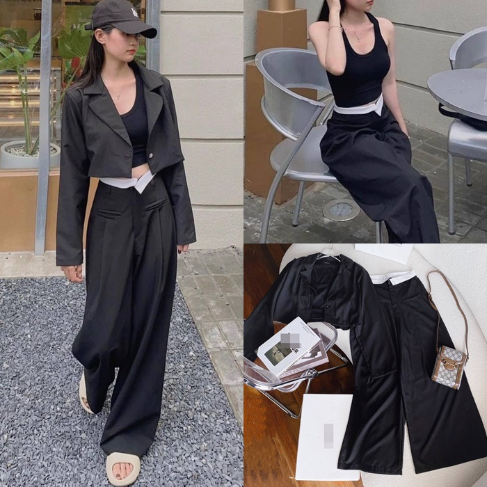 SET ÁO CROPTOP VEST BLAZER LỬNG TRƠN SƠ MI TAY DÀI + QUẦN ỐNG RỘNG LƯNG CAO SUÔNG + ÁO 3 LỖ DẠO PHỐ THỂ THAO ĐI TIỆC