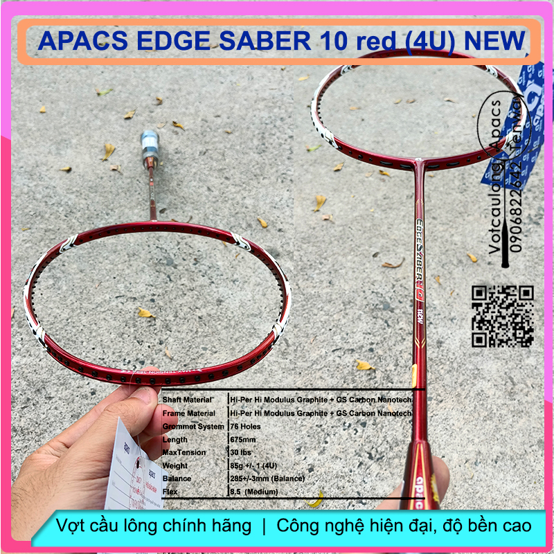 Chính hãng BH-[Vợt cầu lông Apacs Edge Saber 10 Red - 4U] | Đỏ mạnh mẽ, có thể đan 13kg, bền bỉ