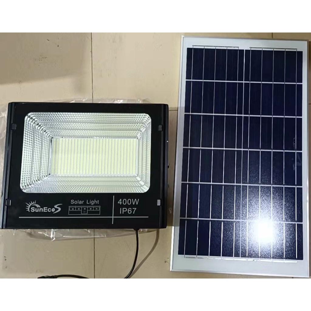 Đèn năng lượng mặt trời 400W Suneco, đèn pha led năng lượng mặt trời có báo dung lượng pin, chống nước IP67, BH 2 năm