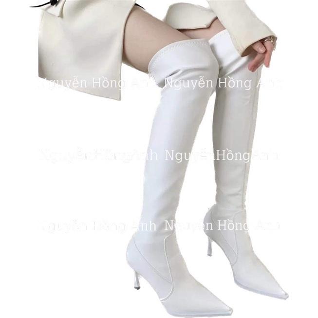 Hàng cao cấp Bốt  Đùi da lì mũi nhọn kéo khoá sau gót cao 7p  cho nữ