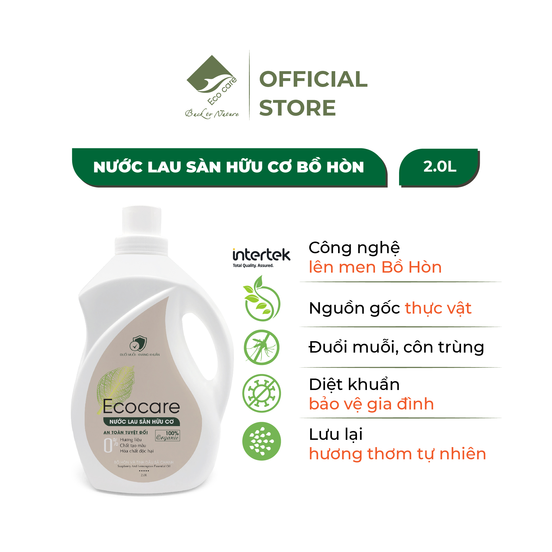 Nước Lau Sàn Hữu Cơ Ecocare Đuổi Muỗi Tinh Dầu Sả Chanh 2000Ml