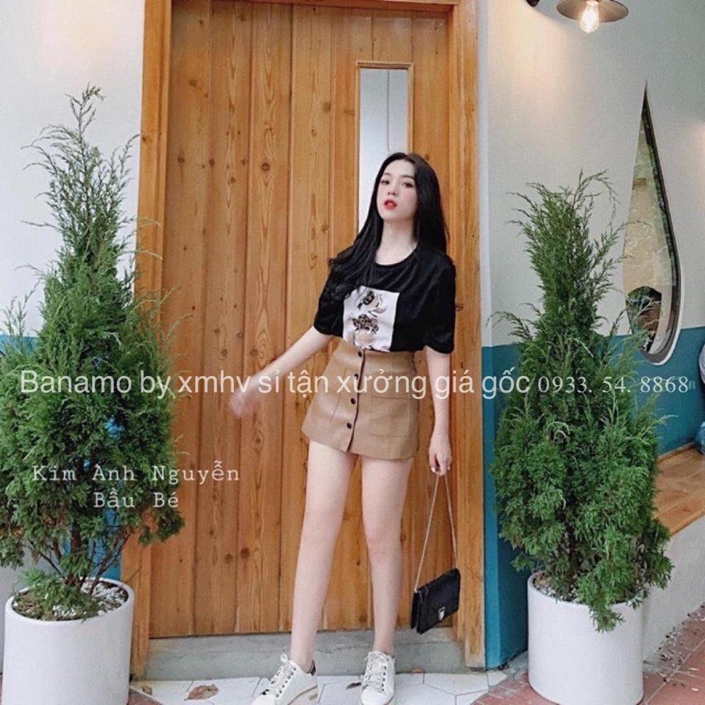 Quần váy da phối khuy 2 túi trước màu đen nâu thời trang 696
