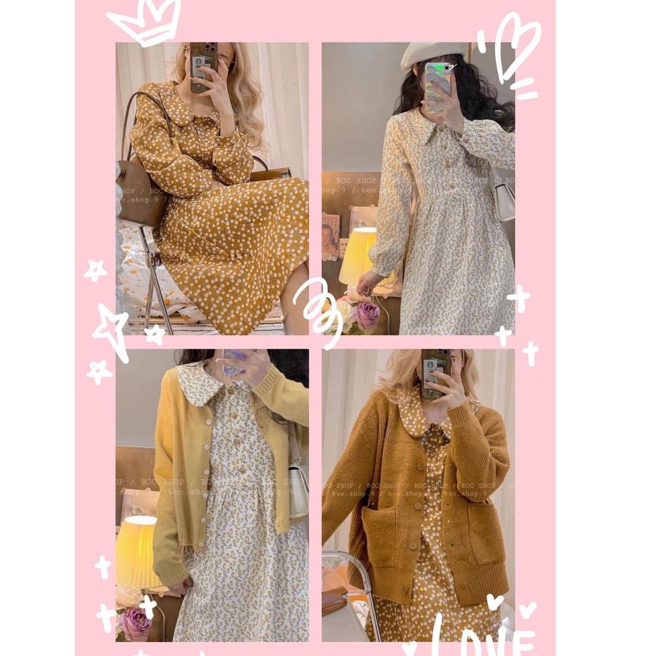 Váy babydoll hoa nhí bánh bèo A21, tay dài, dáng xoè, đầm babydoll vintage nữ đi chơi vải nhung tăm Hàn Quốc ulzzang