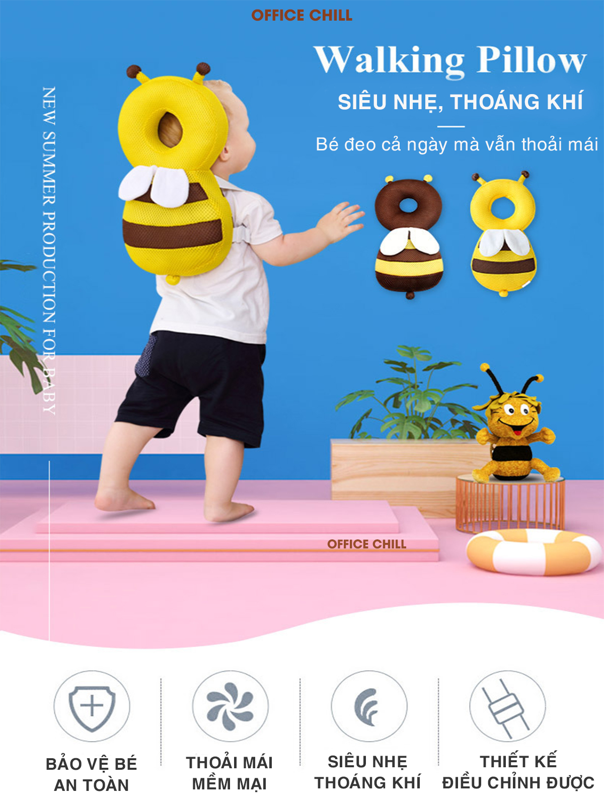 Gối Bảo Vệ Toàn Diện Đầu, Cổ, Cột Sống Cho Bé Tập Đi OFFICE CHILL Lá Chắn Đầu Tiên Bảo Vệ Trí Não Của Bé