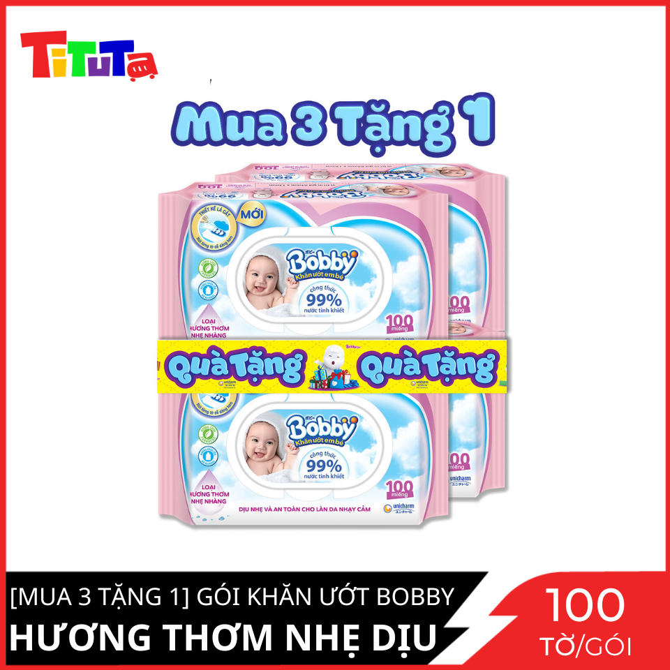 Combo Tiết Kiệm 3 Gói Khăn Ướt Bobby Care Hương Dịu Nhẹ 100 Tờ/Gói - Tặng 1 Gói Cùng Loại