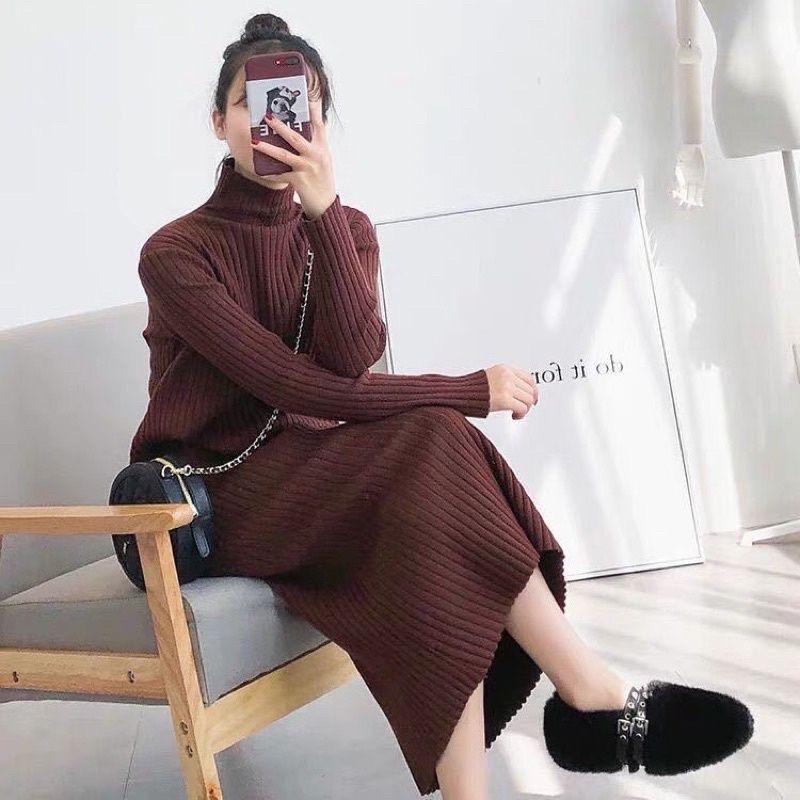 Váy len gân dáng dài quốc dân đen be nâu ko xẻ tà