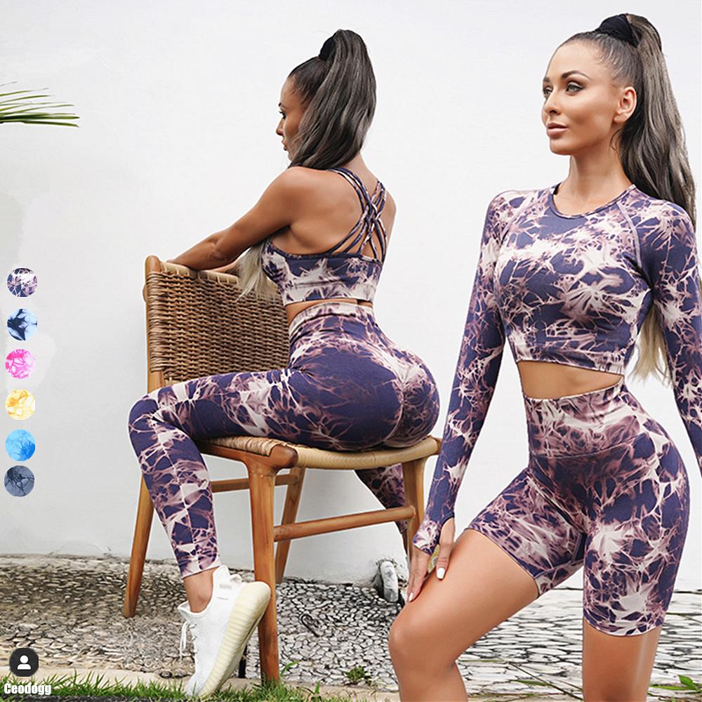 1/2/3PCS Phụ nữ nhuộm tay áo dài tay cropsit Tracks Leggings Sportswear Suit Suit Scrunch Short Set Yoga Set Color: pink pant Size: S