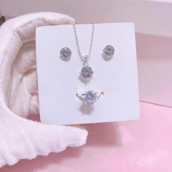 Bộ vòng cổ khuyên tai nhẫn bạc gắn đá