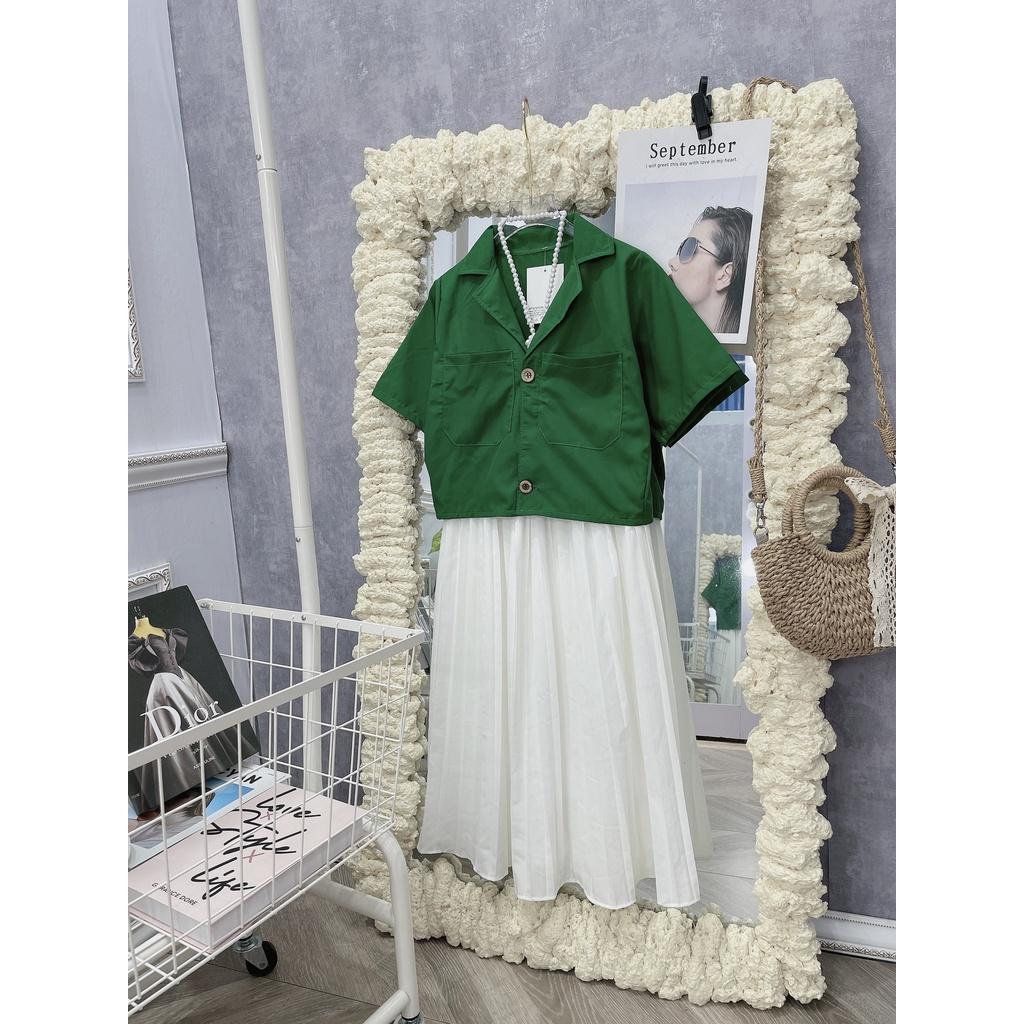 Set Áo Cổ Vest Croptop Túi Hộp Mix Chân Váy Xếp Li Trắng Dài