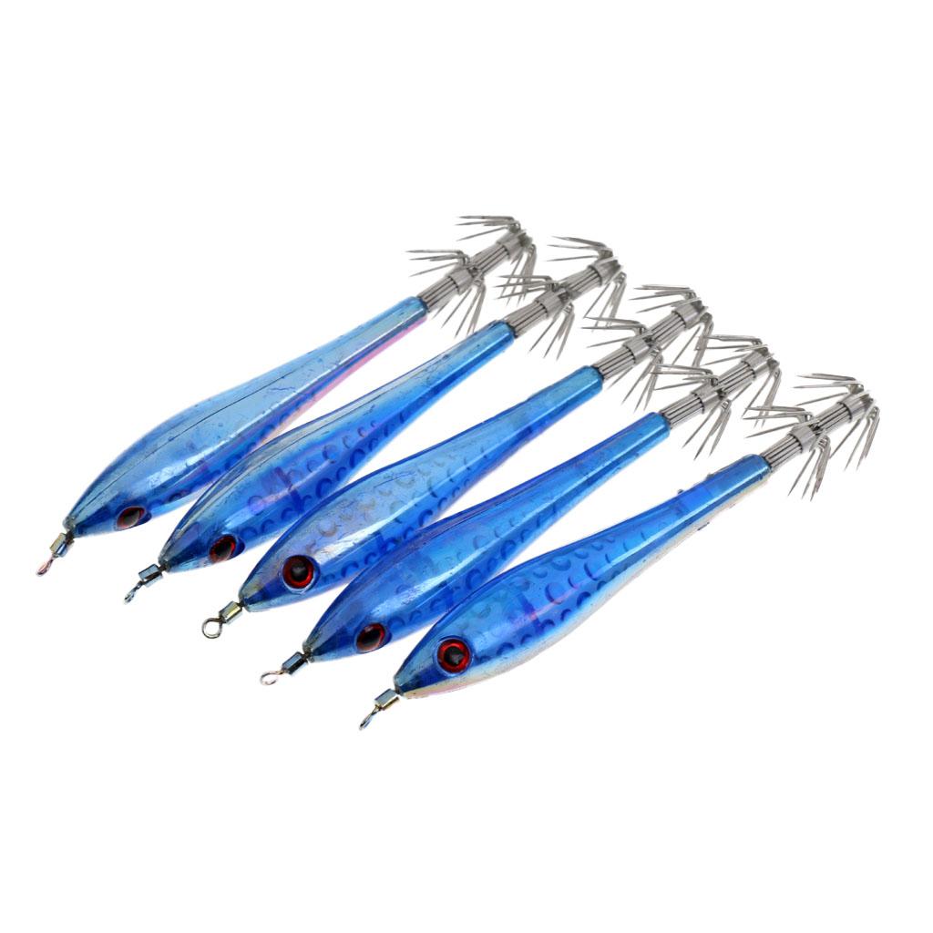 5pcs Glow in Dark Fishing Lures Squid Catch Bait Jigs Hook 9.5cm Light Blue