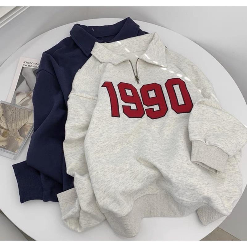 Áo Sweater 1990 Phối Zip Vải Nỉ Bông Form Rộng Ulzzang Unisex Nam nữ unisex Áo Sweater có cổ Jaystoree