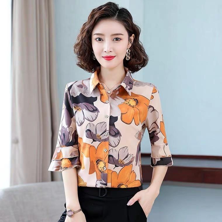 Áo sơ mi nữ hoa tay lỡ chất lụa đẹp
