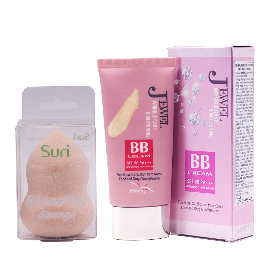 Kem Lót BB Đa Chức Năng Hàn Quốc Mira Jewel Wrinkle Care &amp; Whitening SPF50 PA+++ (40ml) + Tặng Ngay Mút Tán Kem Nền Thông Minh Siêu Mềm Mịn Suri Hình Hồ Lô – Hàng Chính Hãng