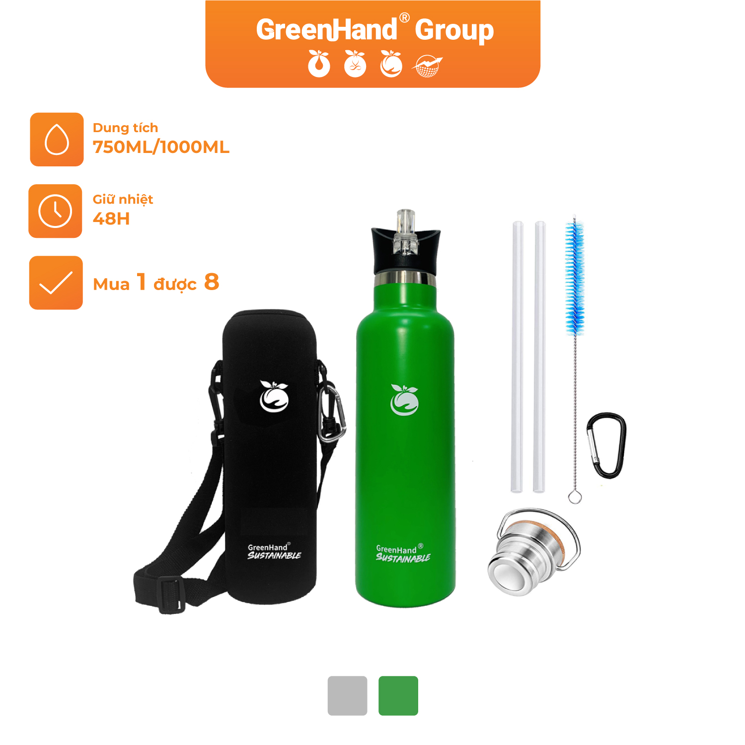 Bình giữ nhiệt 48H GreenHand inox cao cấp 1000ml kèm túi vải, gói 2 nắp, bộ ống hút và cọ vệ sinh tiện lợi
