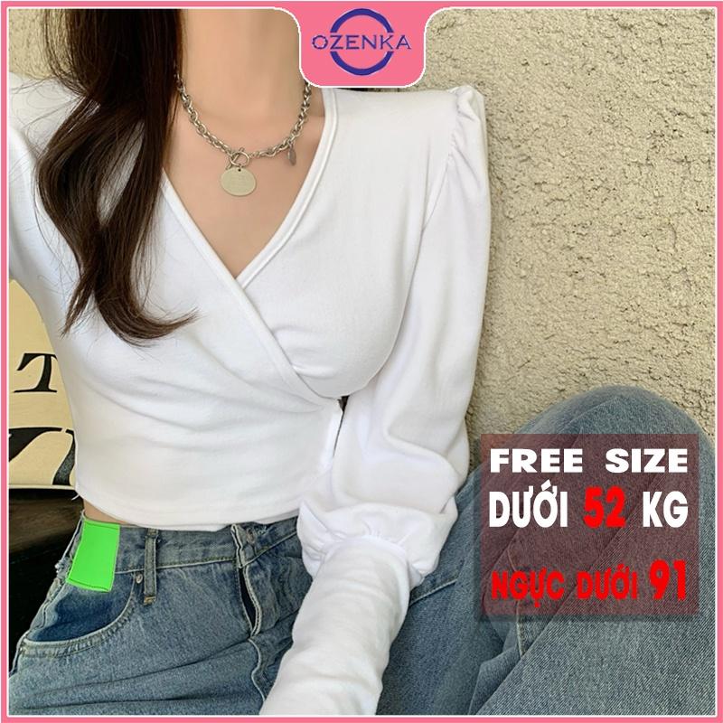 Áo croptop cổ v vai bồng tay dài nữ OZENKA crt ôm body vải thun gân 100% cotton cho người bắp tay to dưới 50 kg