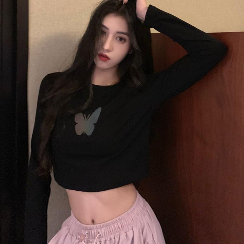 Áo Thun Tay Ngắn Họa Tiết Hình Bướm Phản Quang Dễ Thương Cho Nữ