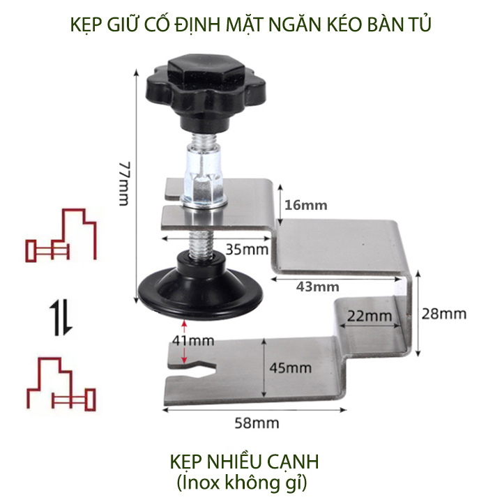 Kẹp cố định mặt ngăn kéo tủ, giúp dễ dàng lắp đặt và chính xác