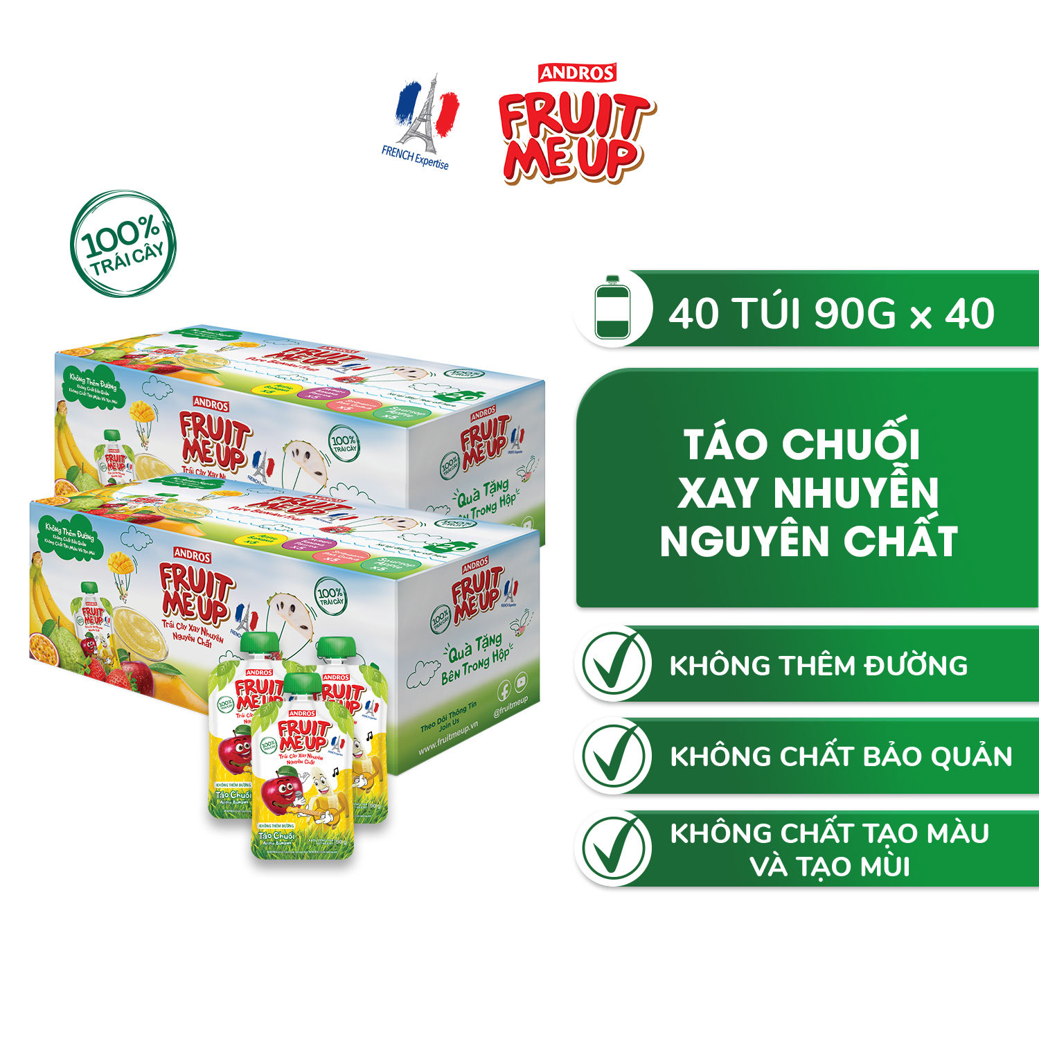 Trái Cây Xay Nhuyễn Nguyên Chất Andros Fruit Me Up - Táo chuối - Thùng 40 túi - 90g x 40