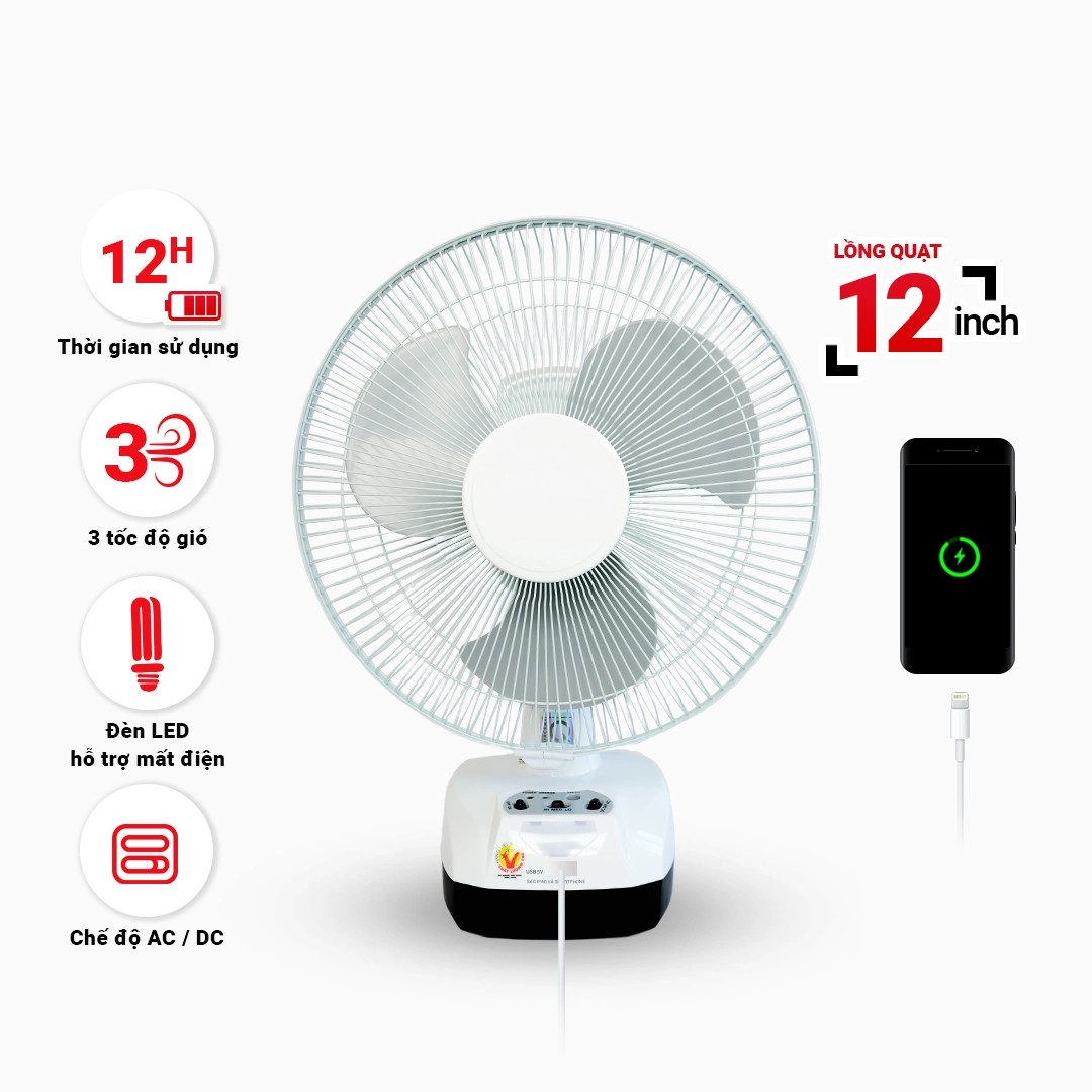 Quạt Sạc Tích Điện Honjianda Fl 301 - Tích Hợp Đèn Led &Amp; Cổng Usb - 2 Bình