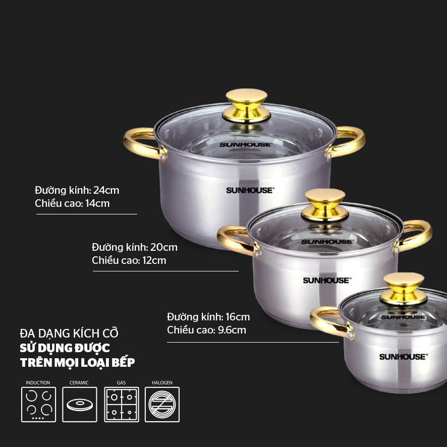 Bộ nồi inox 5 đáy Sunhouse SH781 16-20-24cm